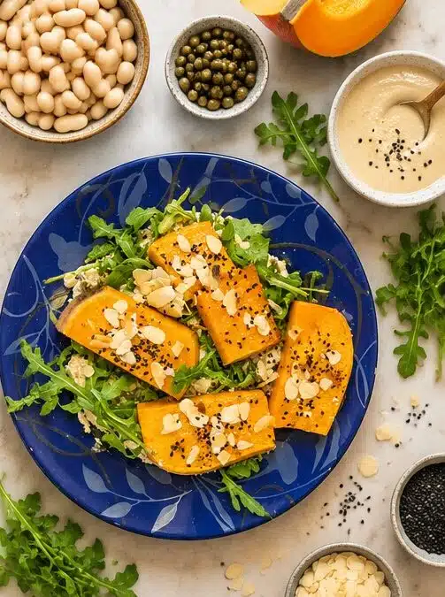 Geroosterde pompoen op een tahini-bedje met Cannellinibonen en kappertjes